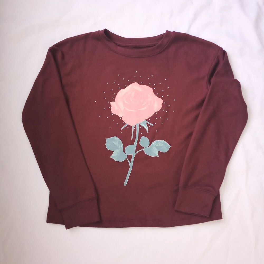 SO Super Soft Maroon Red Long Sleeve Rose Top sz M 8 Girls Valentine's Day